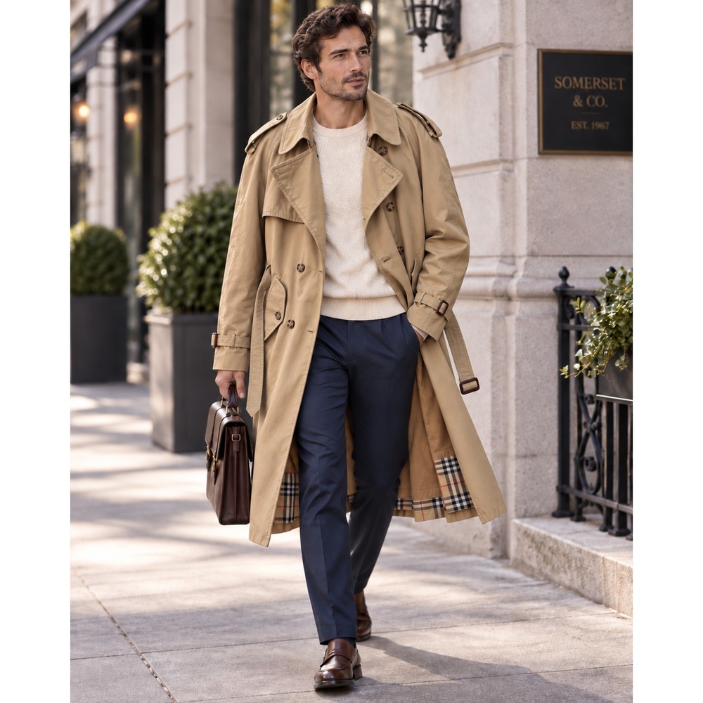 Coburne Square Mens Trench Coat 46R Khaki Belted Removable Wool Blend Liner